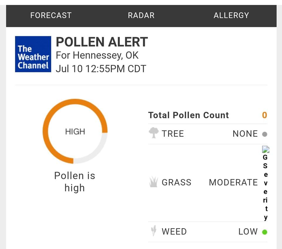 If you suffer from allergies today maybe a good day to stay inside!