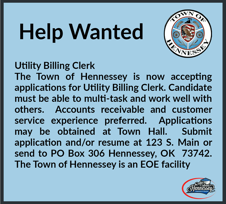 The Town of Hennessey is looking for a Utility …