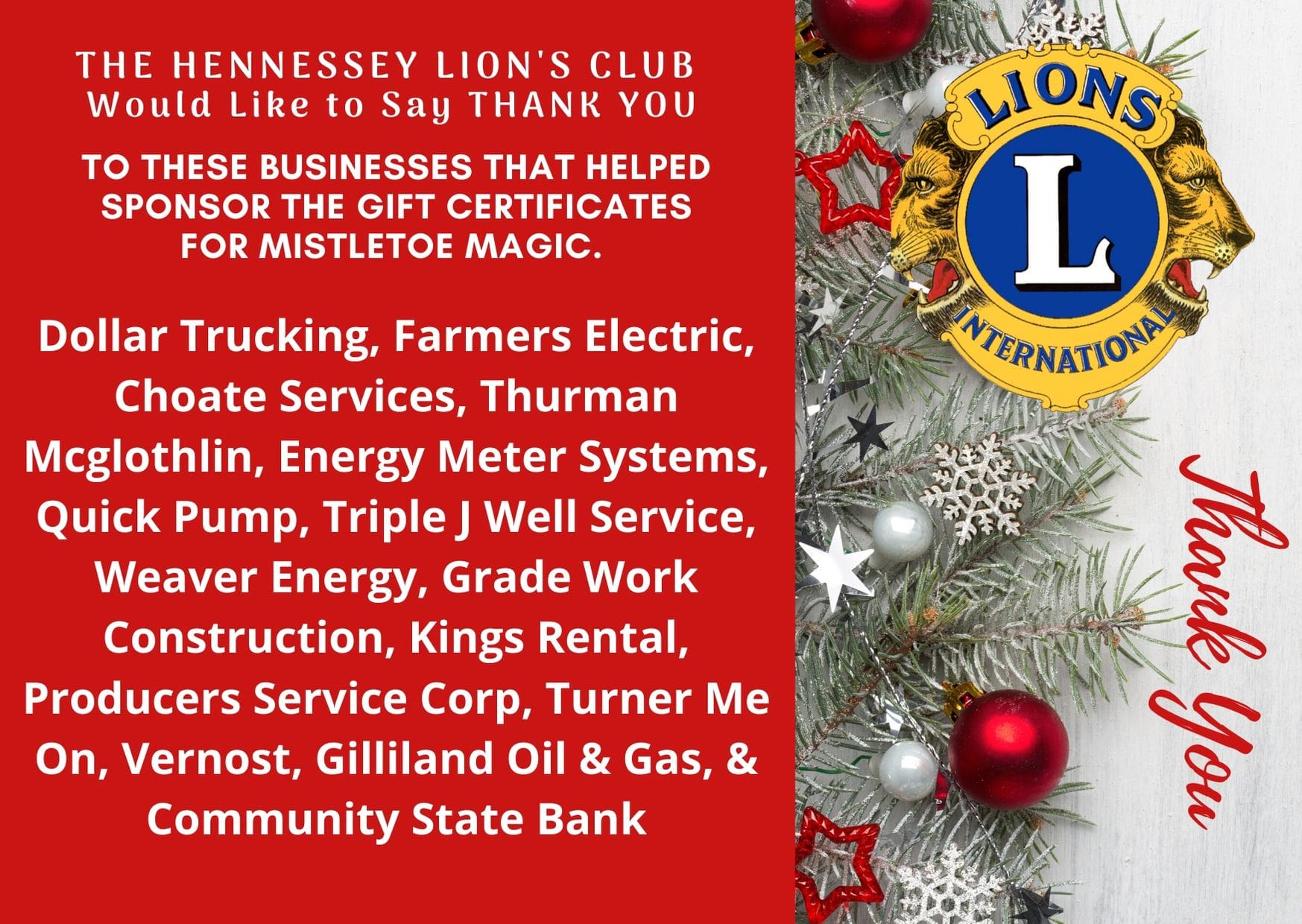 THANK YOU FROM THE HENNESSEY LION’S CLUB