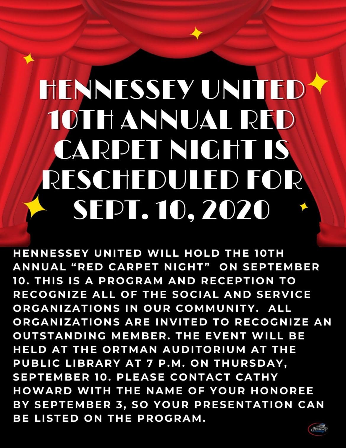 HENNESSEY UNITED 10TH ANNUAL RED CARPET NIGHT IS RESCHEDULED FOR SEPT. 10, 2020